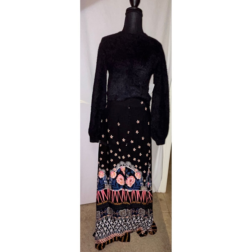 Express Black Maxi Skirt with Floral Border